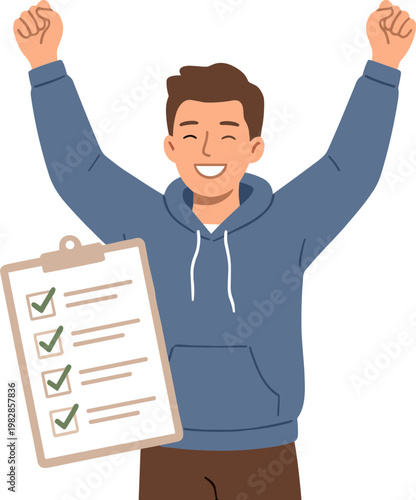 A man celebrates with raised arms holding a checklist on clipboard