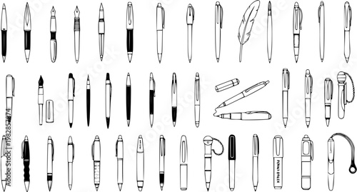 Black and White Hand-Drawn Line Art Pen Collection. Vector Sketch Set of Various Writing Instruments for Office, Education, Stationery, and Creative Designs. Doodle Style Illustrations.