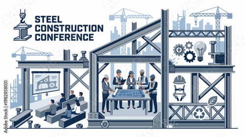 Illustration of a steel construction conference with engineers and construction professionals collaborating on a project in a structural steel framework, featuring industrial tools and a
