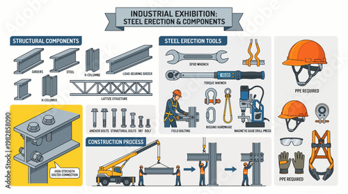 Illustration of industrial construction elements with steel erection components and workers in various activities against a clean white background with a focus on structural steel event and