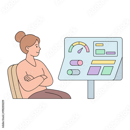 A woman sits in a chair looking at a control panel with various buttons and gauges.