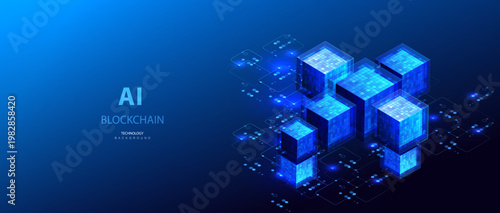 Blockchain isometric concept. Blocks in blue network design. Futuristic cubes big data center. Ai technology banner. Science and business vector.