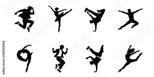 Dynamic dancer silhouettes collection, set of 8 vector icons featuring ballet, breakdance, and hip hop performers, black athletic figures in motion