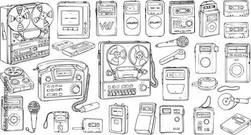Retro Audio Technology Collection Black and White Line Art. Hand-drawn Vector Illustration of Vintage Recording and Playback Devices like Reel-to-Reel, Cassette Players, Walkmans, and Microphones.