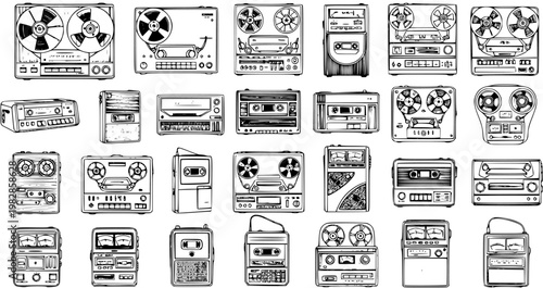 Vintage Audio Tape Recorders and Cassette Players Hand-drawn Line Art Collection. Retro Music Technology Devices in Black and White Sketch Style.