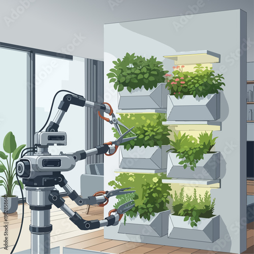 A specialized garden robot with precise trimming tools tending a neat indoor vertical garden in a minimalist apartment. Modern, clean vector graphic, emphasis on technology and nature, green color