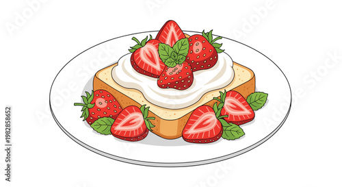 A delicious slice of toasted bread rests on a white plate, generously layered with whipped cream and garnished with fresh strawberries and mint leaves.