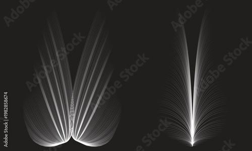 Open book with floating feather on abstract black background in fantasy library style illustration