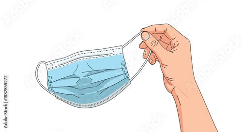 Detailed hand illustration holds a pleated blue surgical face mask by its elastic earloop against a clean white background for health protection awareness.
