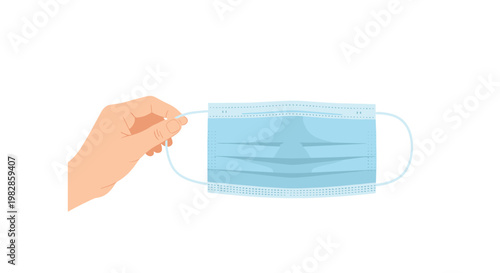 Human hand firmly grasps the white elastic strap of a light blue disposable medical face mask featuring distinct horizontal pleats and soft fabric texture.