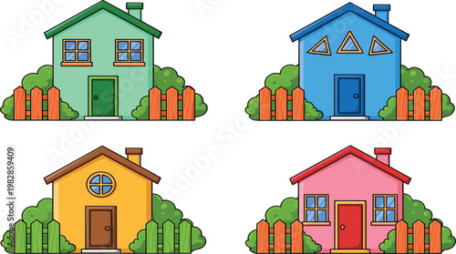 Cartoon Houses with Fence Illustration Set Featuring Colorful Residential Homes, Garden Bushes, and Simple Suburban Architecture for Real Estate and Property Concepts in Flat Style.