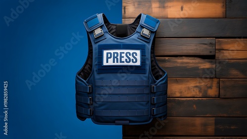 Bulletproof vest with press label on wooden background journalism safety and media protection concept