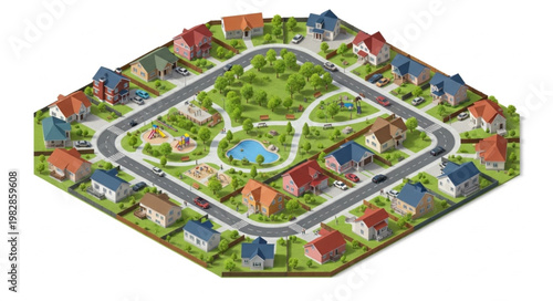 Aerial View of a Suburban Neighborhood with Houses and Streets.