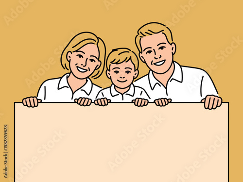 A happy family of three holding a blank sign together with smiles