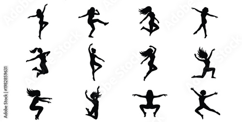Dynamic dancing woman silhouettes set, 12 active female figures in jumping and leaping poses, black vector girl silhouettes for fitness and dance