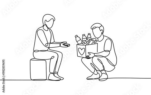 A simple line drawing of two men showing kindness and generosity to each other