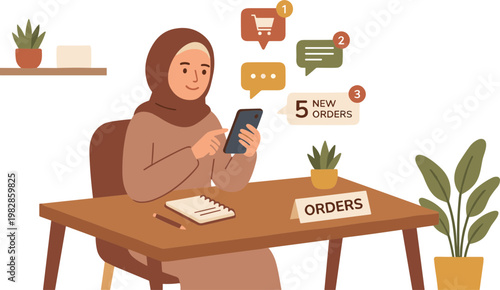 Woman in hijab checks phone at desk with orders sign