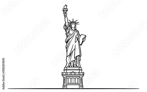 A black and white line drawing of the Statue of Liberty standing tall.