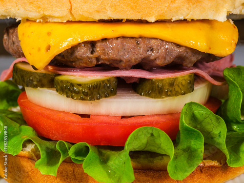 Juicy cheeseburger with fresh ingredients close up