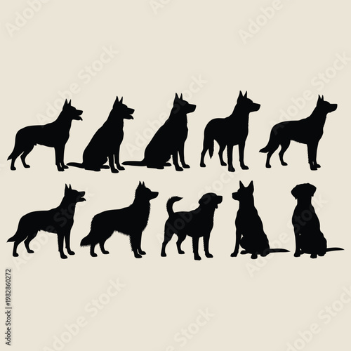 Silhouettes of various dog breeds in different poses
