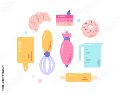 A collection of clipart illustrations or stickers featuring baking equipment. Donuts, croissants, cakes, cutting boards, whisks, pastry bags, measuring cups, and rolling pins. Icons, symbols, elements