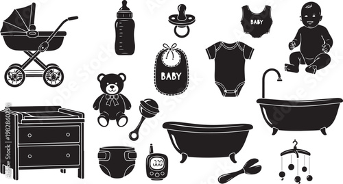Baby Nursery Essentials and Cute Black Icons Set