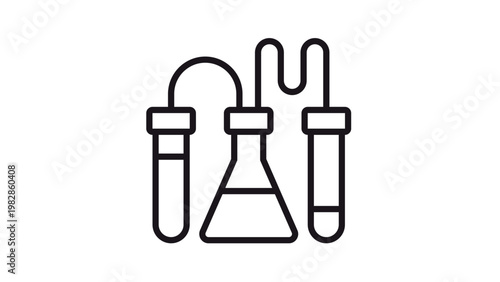 Foto Minimalist black line vector icon of laboratory equipment featuring an Erlenmeyer flask and two test tubes connected by tubing, ideal for science, chemistry, and research-related designs