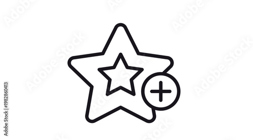 Add to Favorites Star Vector Icon with Plus Sign. Black Line Art Illustration of a Star Symbol for Bookmarking, Rating, or Adding to a Wishlist. Minimalist Graphic Design Element for UI.
