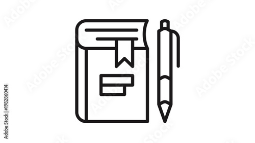 Minimalist black vector icon illustration of a hardcover book with a bookmark and a ballpoint pen, symbolizing education, literature, writing, study, and academic learning concepts.