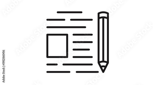 Black minimalist vector icon illustration of a document page with horizontal text lines, a square image placeholder, and a pencil, symbolizing content creation, copywriting, blogging, and editing.