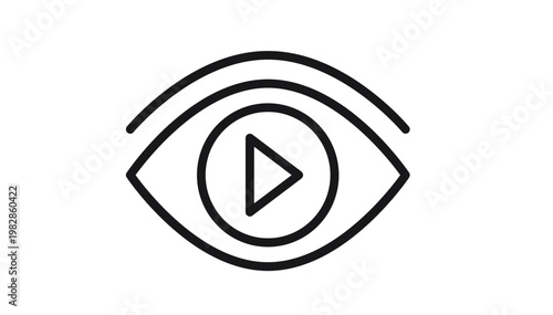 Black vector icon illustration of a human eye with a play button symbol inside the pupil, representing video viewing, media consumption, visual content streaming, and digital entertainment.