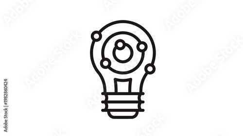 Minimalist black vector icon illustration of a light bulb with an atom orbital structure inside, symbolizing scientific innovation, physics research, creative energy, and technological ideas.