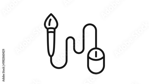 Digital Art and Graphic Design Vector Icon Illustration: A Paintbrush Connected to a Computer Mouse, Representing the Fusion of Traditional Creativity and Modern Digital Technology.