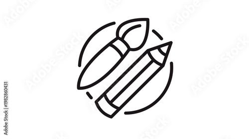 Minimalist black vector icon illustration of a paintbrush and pencil set within a circular border, symbolizing creativity, artistic design, drawing, painting, and graphic arts tools.