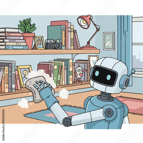 A multi-talented robot with a dusty microfiber cloth carefully cleaning a shelf filled with books and personal objects, a helpful expression. Playful flat vector style, detailed environment, commercia