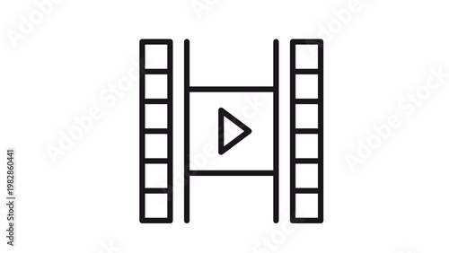 Minimalist black line vector icon of a film strip with a play button symbol in the center, representing movie production, video playback, cinema media, and digital entertainment industry.