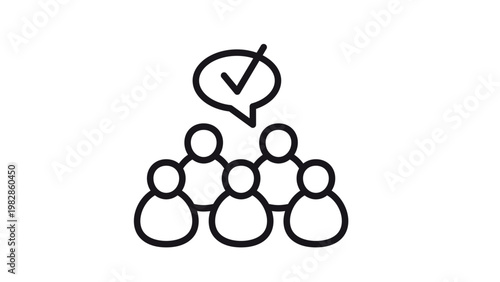 Black line art vector icon illustration of a group of five people with a speech bubble containing a checkmark, symbolizing team consensus, collective agreement, group approval, and voting.