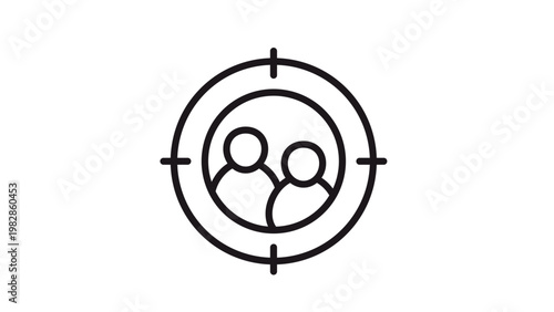 Target Audience Vector Icon Illustration: Black Line Art Symbol of Two People Silhouettes Inside a Crosshair, Representing Customer Targeting, Recruitment, and Human Resources Focus.