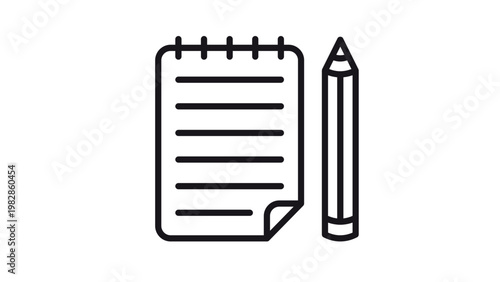 Minimalist black vector icon illustration of a spiral notebook with lined paper and a pencil, symbolizing writing, note-taking, education, office supplies, journaling, and creative sketching