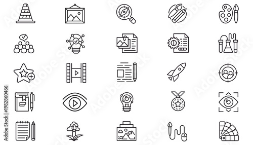 Vector Icon Set of 25 Black Minimalist Symbols for Business, Art, Science, Technology, and Education. Includes Rocket, Light Bulb, Paintbrush, Document, Security, and Marketing Graphics.