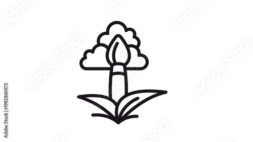 Black vector icon of a paintbrush with a tree and grass, representing landscape painting, nature art, and outdoor creativity. Minimalist line art illustration for graphic design and web use.