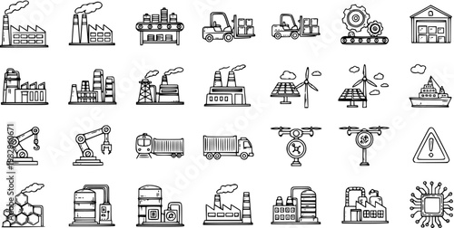 Industrial and Technology Icons Set: Hand-Drawn Black and White Line Art for Manufacturing, Logistics, Energy, and Automation Vector Collection