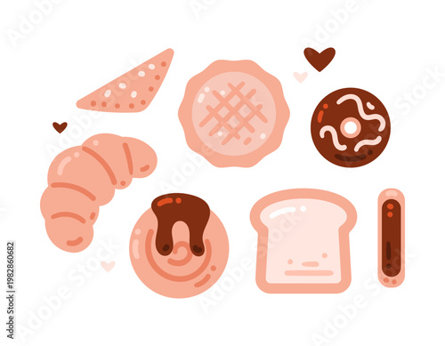 A collection of clipart illustrations or stickers on the theme of desserts, cakes, or pasties. Croissants, pies, chocolate donuts, white bread, Cromboloni, Eclair, Almond Turnover. Icons, symbols