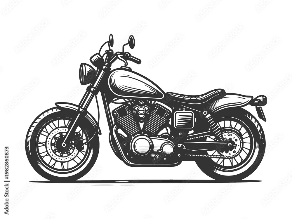 Naklejka premium classic custom motorcycle in side profile, featuring a retro chopper style, exposed engine, and minimalist design sketch engraving generative ai raster illustration. Scratch board. Black and white.