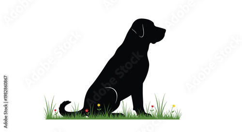 A refined black labrador retriever silhouette sits gracefully within a patch of tall green grass and delicate colorful wildflowers against a pure white backdrop.