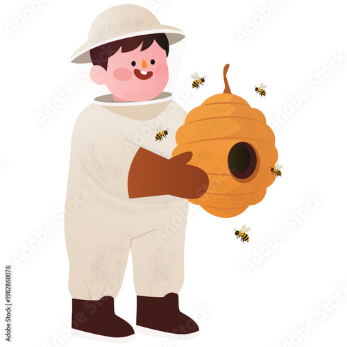 Butterfly and Bees Illustration. Vector illustration of Beekeeper holding beehive surrounded by bees illustrating honey production Isolated on background