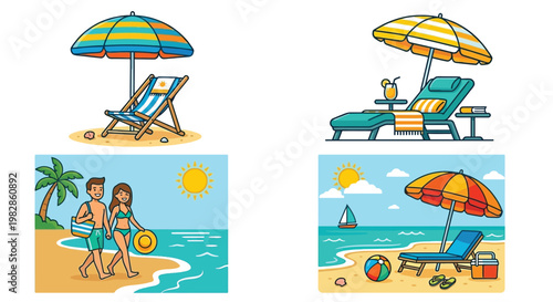 Colorful illustration depicting beach scenes with umbrellas chairs and people
