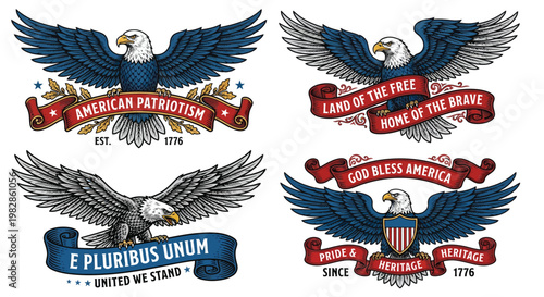 American patriotism emblems featuring bald eagles and patriotic phrases