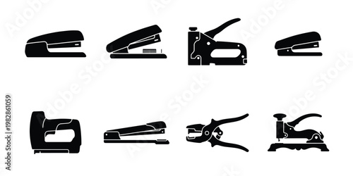 Stapler icon set with 8 black silhouettes, office stationery and industrial staple gun collection, professional binding tools vector