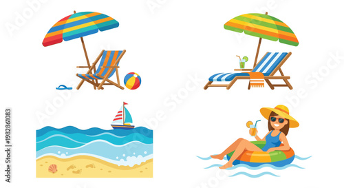 Colorful beach scene featuring umbrellas chairs a boat and a relaxing person